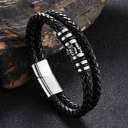 Stainless Steel Skull Beaded Leather Double Layer Multi-strand Bracelet, Gothic Bracelet with Magnetic Clasp for Men, Black, 8-1/8 inch(20.6cm)(SKUL-PW0004-26B-01)