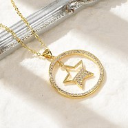 Brass Micro Pave Clear Cubic Zirconia Ring Pendant Necklaces, Real 18K Gold Plated, Star, 16.93 inch(43cm)(NJEW-P322-A01-G)