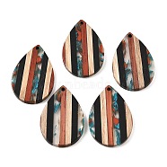 Transparent Resin & Walnut Wood Pendants, Teardrop Charms, Colorful, 36.5x24.5x3.5mm, Hole: 2mm(RESI-E050-02)