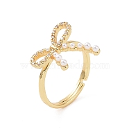 Brass Micro Pave Cubic Zirconia Adjustable Rings, Bowknot with Plastic Imitation Pearl Rings for Women, Real 18K Gold Plated, 2mm, Inner Diameter: US Size 7 1/4(17.5mm)(RJEW-J017-VC204)