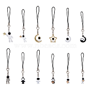 Spaceman Style Cell Phone Straps, with Alloy & Brass Enamel Pandant and Nylon Cord Loop, Spaceman with Star & Moon, Mixed Color, 7.6~8cm, 12pcs/set, 1 set/box(HJEW-FH0006-47)