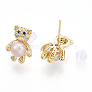 Clear Cubic Zirconia Bear Stud Earrings with Natural Pearl, Brass Earring with 925 Sterling Silver Pins, Real 18K Gold Plated, 15x11.5mm, Pin: 12x0.8mm(PEAR-N020-05K)