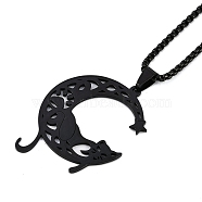 304 Stainless Steel Hollow Moon Cat Shaped Pendant Box Chain Necklaces, Black, 23.62 inch(60cm)(NJEW-M010-06)