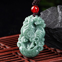 Natural Jadeite Pendant Necklaces, with Resin Bead and Wax Rope, the 12 Chinese Zodiac, Rooster, 26.93 inch(68.4cm), Pendant: 33.5x22.5mm(G-H306-05-10)
