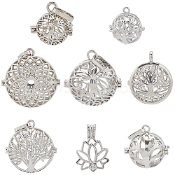 8Pcs 8 Styles Brass & Alloy Hollow Cage Pendants, For Chime Ball Pendant Necklaces Making, Platinum, 17~35x17.5~33x10.5~17mm, Hole: 1~9x1~8mm, 1pc/style(KK-SC0004-30)