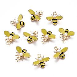 Alloy Enamel Pendants, with ABS Imitation Pearl Plastic Beads, Light Gold, Bee, Yellow, 15x17.5x6mm, Hole: 2mm(ENAM-S119-010B)