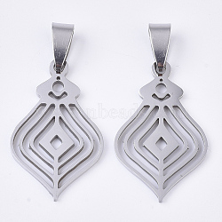 Non-Tarnish 201 Stainless Steel Pendants, Filigree Pendants, with Random Size Snap on Bails, Rhombus, Stainless Steel Color, 30x19x1.5mm, Hole: hole: 8~10x3~5mm(STAS-N089-03P)