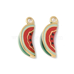 304 Stainless Steel Enamel Pendants, Real 18K Gold Plated, Watermelon Charms, Ion Plating(IP), Red, 18x7x4.5mm, Hole: 1.6mm(STAS-Z122-25G-01)