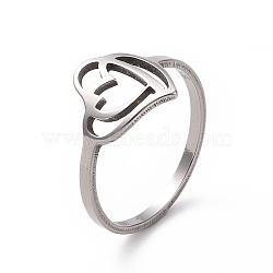 Non-Tarnish 201 Stainless Steel Interlocking Double Heart Finger Ring, Hollow Wide Ring for Women, Stainless Steel Color, US Size 6 1/2(16.9mm)(RJEW-J051-03P)