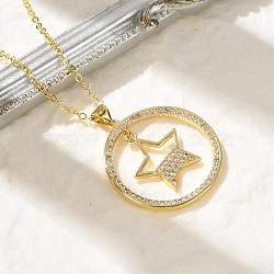 Brass Micro Pave Clear Cubic Zirconia Ring Pendant Necklaces, Real 18K Gold Plated, Star, 16.93 inch(43cm)(NJEW-P322-A01-G)