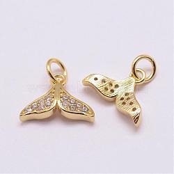 Brass Micro Pave Grade AAA Cubic Zirconia Charms, Long-Lasting Plated, Whale Tail, Cadmium Free & Nickel Free & Lead Free, Real 18K Gold Plated, 9x12.5x3mm, Hole: 3mm(ZIRC-G093-01G-NR)