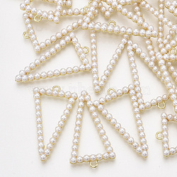 ABS Plastic Imitation Pearl Pendants, with Alloy Findings, Triangle, Light Gold, 39x21.5x4.5mm, Hole: 1.8mm(X-PALLOY-T071-020)