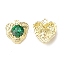 Rack Plating Alloy Glass Pendants, Golden, Heart Charms, Sea Green, 17.5x15.5x5.5mm, Hole: 1.8mm(PALLOY-P291-03G-03)