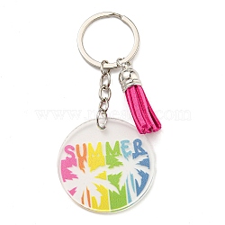Acrylic Flat Round with Suede Tassel Pendant Keychain, with Iron Key Ring, Colorful, 100mm(KEYC-G060-01F)