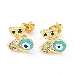 Evil Eye Real 18K Gold Plated Brass Stud Earrings, with Enamel and Clear Cubic Zirconia, Bear, 11.5x11.5mm(EJEW-L269-087G-04)