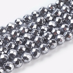 Non-Magnetic Synthetic Hematite Beads Strands, Faceted, Round, Silver Plated, 3mm, Hole: 1mm, about 136pcs/strand, 15.7 inch(X-G-G093-3mm)