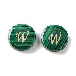 Synthetic Malachite Beads, with Golden Tone Brass Slices, Flat Round with Letter, Letter W, 15x5mm, Hole: 1.4mm(G-A238-01W)