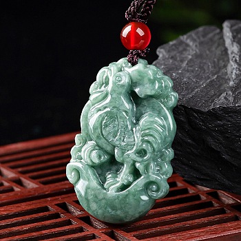 Natural Jadeite Pendant Necklaces, with Resin Bead and Wax Rope, the 12 Chinese Zodiac, Rooster, 26.93 inch(68.4cm), Pendant: 33.5x22.5mm