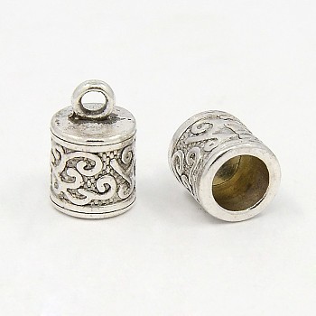 Tibetan Style Cord Ends, Column, Cadmium Free & Nickel Free & Lead Free, Antique Silver, 13x8.5x8.5mm, Hole: 2mm