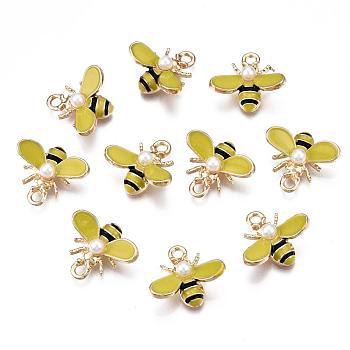 Alloy Enamel Pendants, with ABS Imitation Pearl Plastic Beads, Light Gold, Bee, Yellow, 15x17.5x6mm, Hole: 2mm