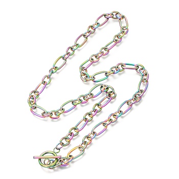 Unisex 304 Stainless Steel Figaro Chain Necklaces, with Toggle Clasps, Rainbow Color, 20.47 inch(52cm)