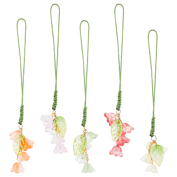 Glass Beads Mobile Straps, Nylon Cord Mobile Accessories Decoration, Flower & Leaf, Mixed Color, 12~12.5cm, 5pcs/set