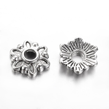 Tibetan Style Alloy Bead Caps, Flower, Cadmium Free & Nickel Free & Lead Free, Antique Silver, 7x7x2mm, Hole: 1.5mm