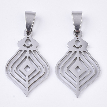 201 Stainless Steel Pendants, Filigree Pendants, with Random Size Snap on Bails, Rhombus, Stainless Steel Color, 30x19x1.5mm, Hole: hole: 8~10x3~5mm