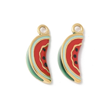 304 Stainless Steel Enamel Pendants, Real 18K Gold Plated, Watermelon Charms, Ion Plating(IP), Red, 18x7x4.5mm, Hole: 1.6mm