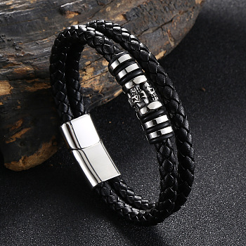 Stainless Steel Skull Beaded Leather Double Layer Multi-strand Bracelet, Gothic Bracelet with Magnetic Clasp for Men, Black, 8-1/8 inch(20.6cm)