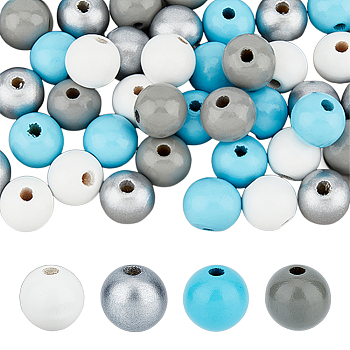 160Pcs 4 Colors Spray Painted Natural Wood Beads, Round, Mixed Color, 16mm, Hole: 4mm, 40pcs/color