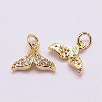 Brass Micro Pave Grade AAA Cubic Zirconia Charms, Long-Lasting Plated, Whale Tail, Cadmium Free & Nickel Free & Lead Free, Real 18K Gold Plated, 9x12.5x3mm, Hole: 3mm