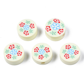 Handmade Polymer Clay Beads, for DIY Jewelry Crafts Supplies, Flat Round with Flower, Beige, 9.5~10x4.5mm, Hole: 1.8mm