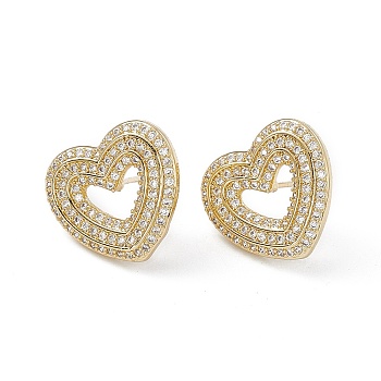 Rack Plating Brass Stud Earrings, Micro Pave Clear Cubic Zirconia Earring for Women, Heart, Lead Free & Cadmium Free, Real 18K Gold Plated, 16.5x17.5x3mm, Pin: 0.8mm