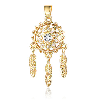 Brass Micro Pave Cubic Zirconia Pendants, Woven Net/Web with Feather Charms, Real 18K Gold Plated, 26x14x2.4mm