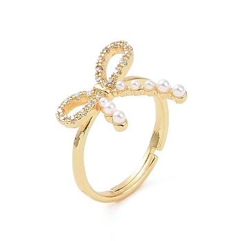 Brass Micro Pave Cubic Zirconia Adjustable Rings, Bowknot with Plastic Imitation Pearl Rings for Women, Real 18K Gold Plated, 2mm, Inner Diameter: US Size 7 1/4(17.5mm)