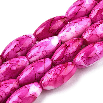 Baking Painted Glass Beads Strands, Swirl Glass Beads, Oval, Magenta, 22x10~10.5mm, Hole: 1.5~2.5mm, about 35~37pcs/strand, 30.31 inch(77cm)