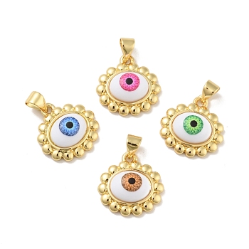 Brass Pendants, with Acrylic, Cadmium Free & Lead Free, Long-Lasting Plated, Oval with Evil Eye, Real 18K Gold Plated, Mixed Color, 16x16.5x5.5mm, Hole: 4x3.5mm