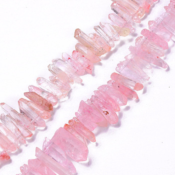 Natural Crackle Quartz Crystal Dyed Beads Strands, Chip, Pearl Pink, 13~38x3~7x4~7mm, Hole: 1mm, about 67~70pcs/strand, 14.76~15.16''(37.5~38.5cm)