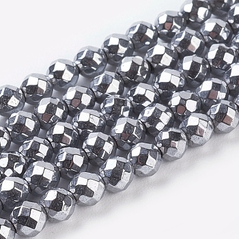 Non-Magnetic Synthetic Hematite Beads Strands, Faceted, Round, Silver Plated, 3mm, Hole: 1mm, about 136pcs/strand, 15.7 inch