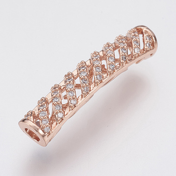 Brass Micro Pave Cubic Zirconia Tube Beads, Lead Free & Cadmium Free, Rose Gold, 31x6mm, Hole: 2.8mm