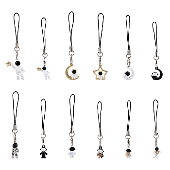 Spaceman Style Cell Phone Straps, with Alloy & Brass Enamel Pandant and Nylon Cord Loop, Spaceman with Star & Moon, Mixed Color, 7.6~8cm, 12pcs/set, 1 set/box