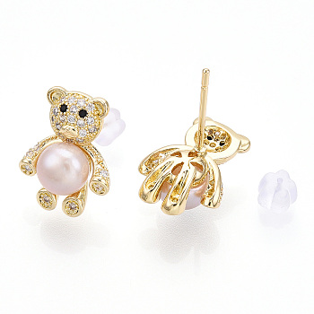 Clear Cubic Zirconia Bear Stud Earrings with Natural Pearl, Brass Earring with 925 Sterling Silver Pins, Real 18K Gold Plated, 15x11.5mm, Pin: 12x0.8mm