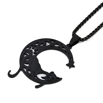 304 Stainless Steel Hollow Moon Cat Shaped Pendant Box Chain Necklaces, Black, 23.62 inch(60cm)