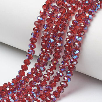 Electroplate Glass Beads Strands, Half Plated, Blue Plated, Faceted, Rondelle, FireBrick, 4x3mm, Hole: 0.4mm, about 123~127pcs/strand, 16.5~16.9 inch(42~43cm)