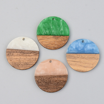 Opaque Resin & Walnut Wood Pendants, Flat Round, Mixed Color, 28x3mm, Hole: 2mm
