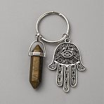 Bullet Natural Wood Lace Stone Pendant Keychain with Hamsa Hand/Hand of Miriam with Eye Charm, for Bag Car Key Ornaments, 6.5cm.(KEYC-WH0029-79C)