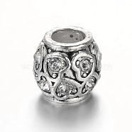 Antique Silver Plated Alloy Rhinestone European Beads, Large Hole Barrel with Heart Beads, Crystal, 10x9.5mm, Hole: 5mm(CPDL-E036-C03)
