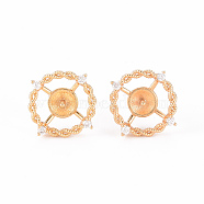 Brass Micro Pave Clear Cubic Zirconia Stud Earrings Findings, for Half Drilled Bead, Nickel Free, Flat Round, Real 18K Gold Plated, 16x14mm, Pin: 0.8mm, Pin: 1mm(for Half Drilled Bead)(KK-T062-122G-NF)