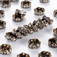 Brass Rhinestone Spacer Beads, Grade AAA, Wavy Edge, Nickel Free, Antique Bronze Metal Color, Rondelle, Crystal, 8x3.8mm, Hole: 1.5mm(RB-A014-L8mm-01AB-NF)